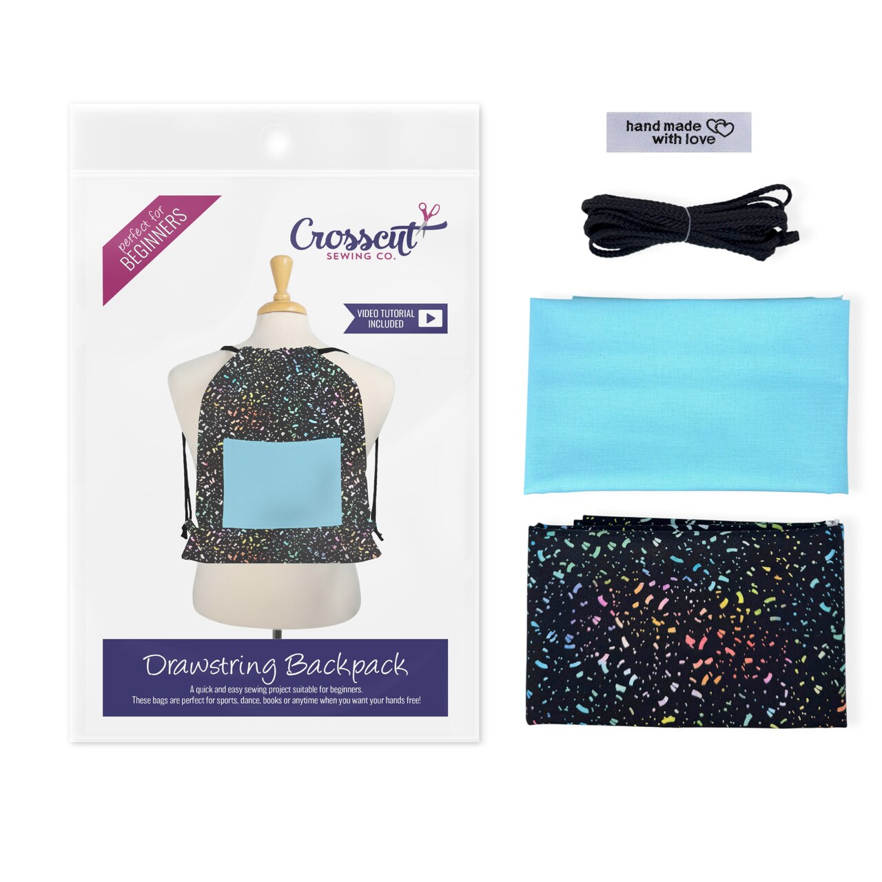 Crosscut Sewing Co.® Drawstring Backpack Sewing Project Kit - Beginner Sewing Kit - Sewing Kit for Kids